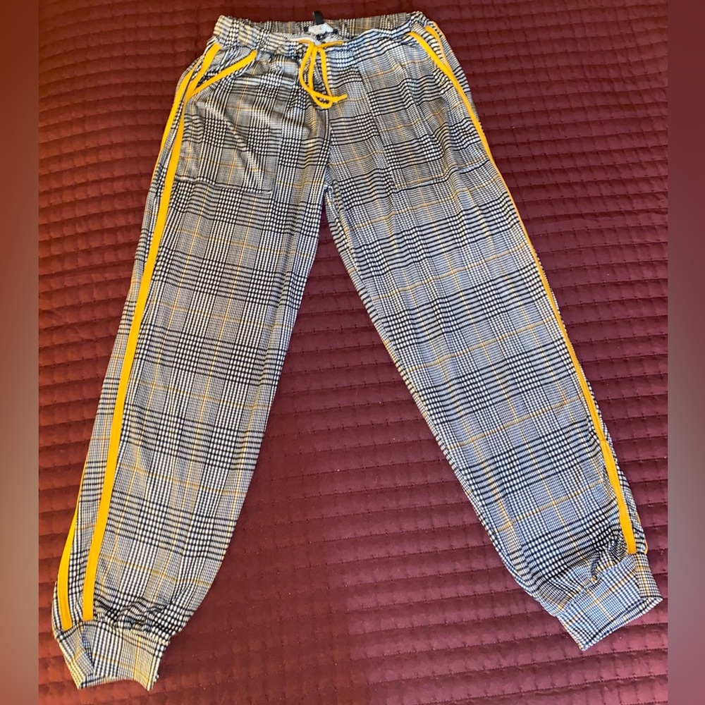 Plaid Drawstring Joggers w/Double Mustard Orange Stripes
